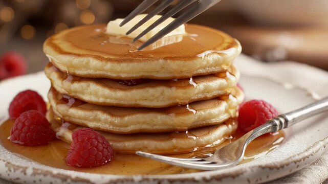 Delicious Stack of Pancakes with Butter and Syrup - A close-up shot showcases a generous stack of fluffy pancakes, generously drizzled with golden syrup and topped with a pat of melting butter.