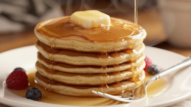 Stack of Pancakes Drizzled with Syrup and Butter - A close-up shot showcases a tall stack of fluffy pancakes generously drizzled with golden syrup and topped with a melting pat of butter.