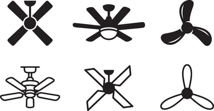 Six different ceiling fan blade designs in black and white vector style Vector