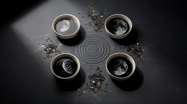 Four bowls of black sesame paste arranged in a circle on a zen garden sand tray.