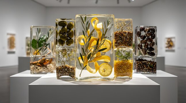 Artistic Display of Preserved Ingredients in Clear Rectangular Containers.
