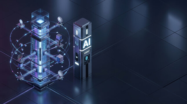 Ai agent corporate business futuristic server tower and kiosk glowing sleek dark room with soft