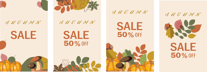 Naklejka premium Autumn Sale 50% Discount Banner Set of 4 with Fall Leaves