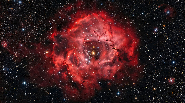 Vivid Red Cosmic Nebula with Bright Central Stars Surrounded by Starfield and Dust Clouds in Deep Space