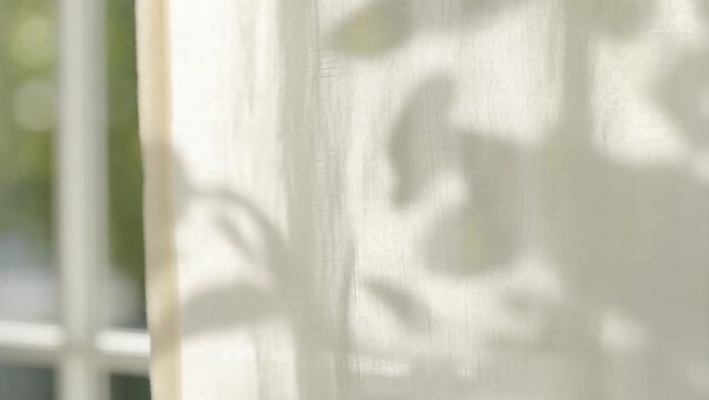 Sunlight casting shadows through leaf patterns on a curtain indoors