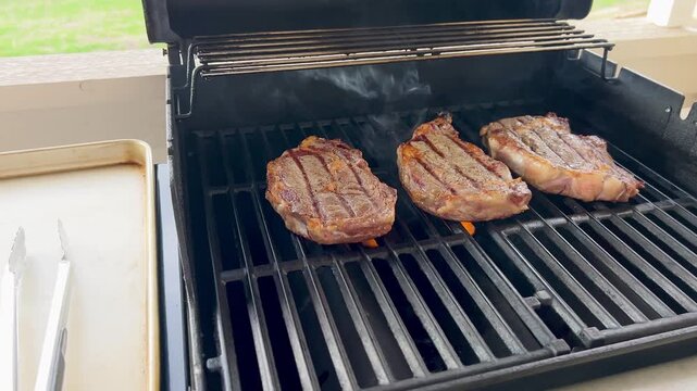 Three Steaks Cooking On Gas Grill