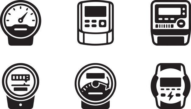 Set of six car dashboard instrument icons in black and white Vector