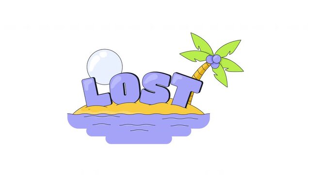 Lost internet reaction 2D animation. Tropical island with glossy lettering and palm tree. Stranded at sea. Completely clueless. Where am I. Gen z word animated overlay. Cartoon motion graphic