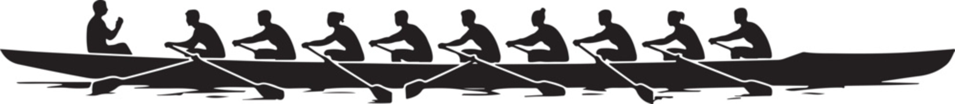 Silhouette of a rowing team in a long boat with a coxswain steering, isolated on a white background, for sports and teamwork