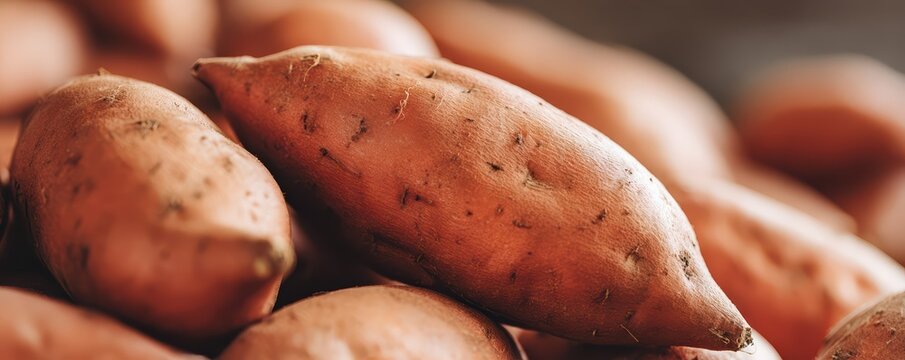 A panoramic close-up of sweet potatoes displays their rough, textured orange-brown skin. The soft diffused lighting highlights premium food details in this macro view.
