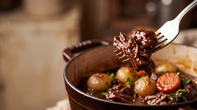 Tender slow-cooked beef stew with pearl onions and carrots in a rustic ceramic pot, close up of meat on a fork