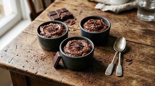 Three rich dark chocolate mousse desserts topped with shavings in rustic bowls on a wooden table with spoons