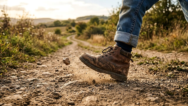 Rugged leather boot kicking dirt on a winding rural path, emphasizing outdoor adventure and journey