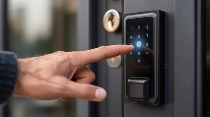 Naklejka premium Finger presses glowing keypad of a sleek, dark-colored door lock, exterior shot