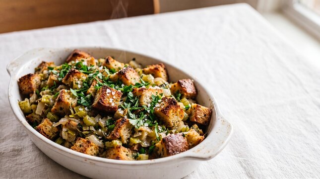 Traditional homemade herb stuffing with toasted bread cubes, celery, and onions served in a white ceramic baking dish