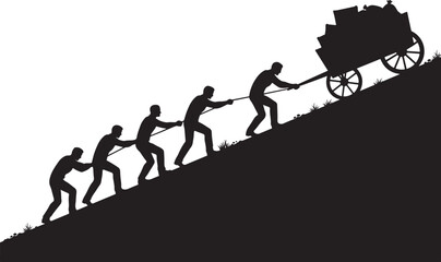 Fototapeta premium Silhouette of a group of people pulling a heavy wooden cart filled with boxes up a steep hill on a plain white background, for teamwork