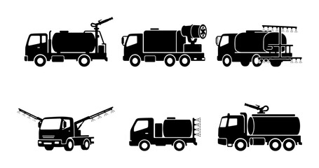 Set of Six Agricultural Spray Trucks, Water Tanker Vehicles, Farm Equipment Icons © Anik