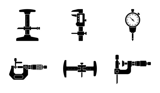 Precision Measuring Tools Set, Micrometer, Caliper, Gauge Icons, Engineering Measurement Vector Graphics