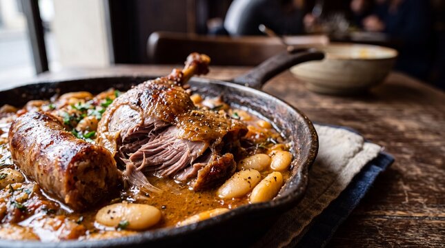 Traditional French Cassoulet with Duck Confit and Sausage in a Skillet