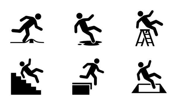 Falling Person Icons, Safety Hazard Symbols, Accident Warning Pictograms, Danger Alert Graphics