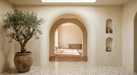 Fototapeta premium Curved Arched Doorway with Warm Plaster Walls Terrazzo Floor and Potted Olive Tree