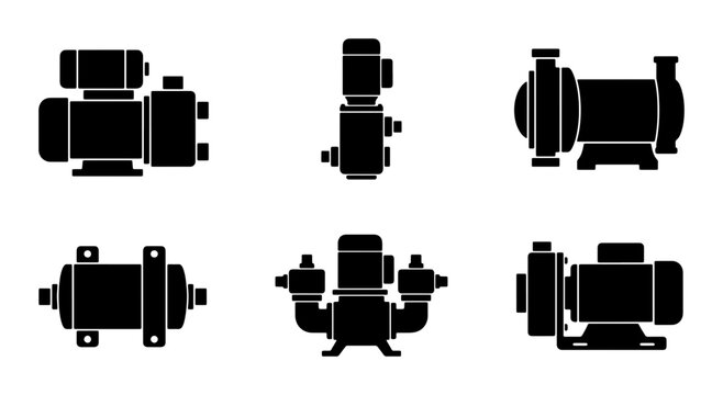Set of 6 Black Water Pump Icons, Industrial Machinery Vector Graphics, Fluid Transfer Equipment Silhouettes