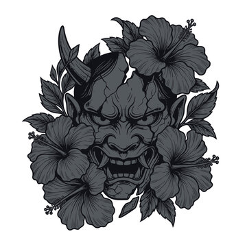 Detailed monochrome illustration of a cracked Japanese Hannya demon mask framed by hibiscus flowers and foliage, featuring fangs and horns in a tattoo art style on a white background.
