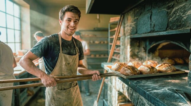 Smiling young baker holding a wooden peel with freshly baked sourdough bread from a traditional stone oven.