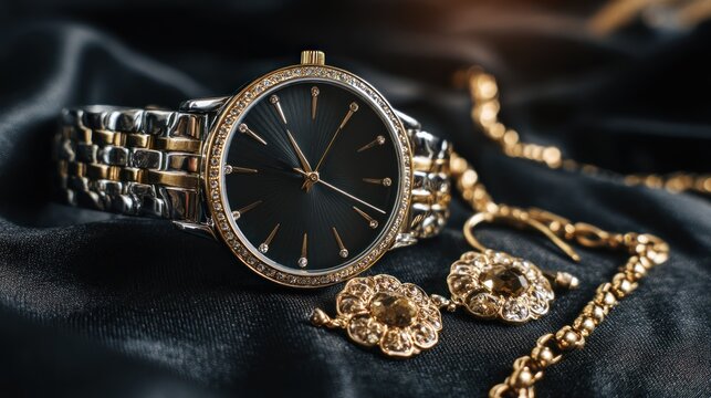 Luxury timepiece and jewelry sit on dark, silky fabric. Watch features gems and gold accents. Earrings and chain included
