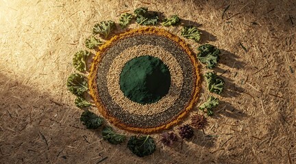 Fototapeta premium Top view of a vibrant green spirulina powder mandala arranged on a textured surface.
