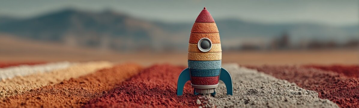 Toy rocket sitting on a red carpet
