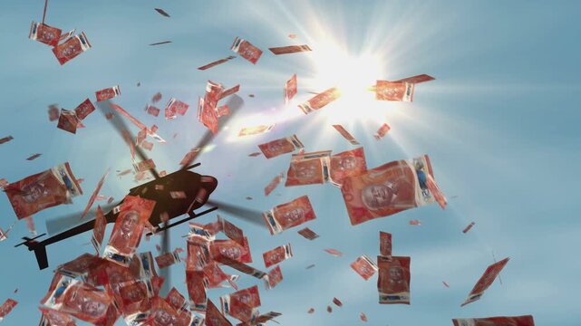 Barbados Dollar barbadian money banknotes helicopter money dropping. 50 BBD notes abstract 3d concept of inflation, money printing, finance, economy, crisis and quantitative easing.