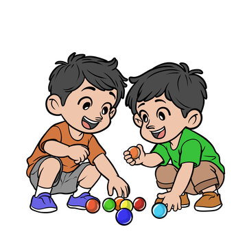 Two little boys playing marbles together cartoon illustration