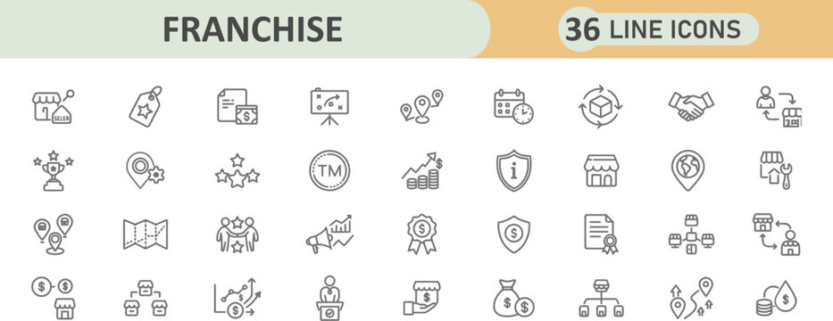 Set of 36 franchise business line icons with franchise, business