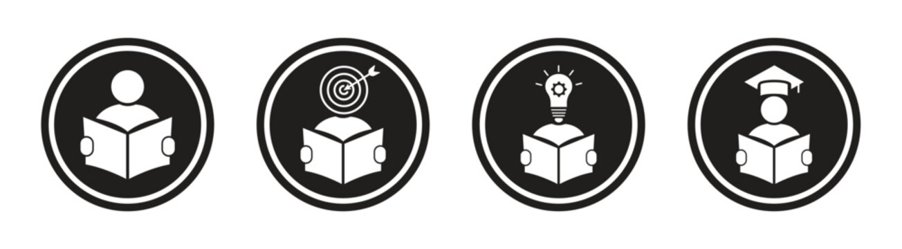 Education and Learning Icon Set with Reading, Goal, Idea and Graduation
