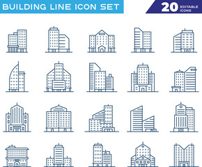 Building icon set in outline style. Collection of skyscraper, office building, apartment, tower, city hall, residential, commercial building icons. Editable stroke. Vector icon collection. © Copy