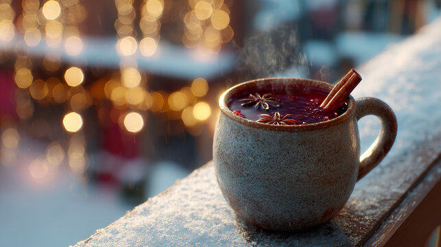Warm mug of mulled wine with cinnamon stick and star anise on a snowy railing with bokeh lights.