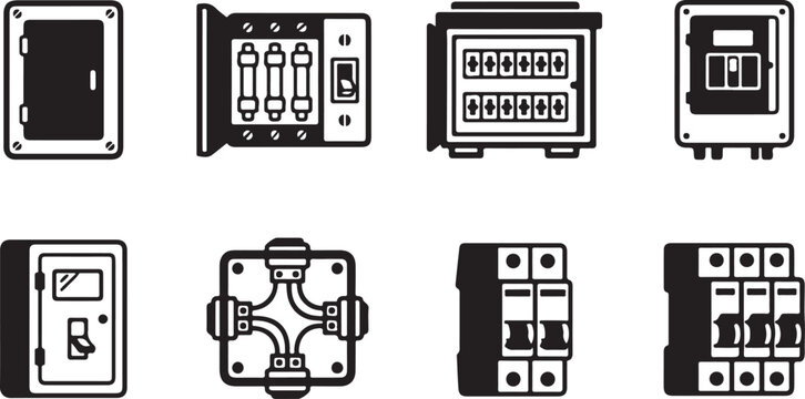 Eight types of electrical circuit breakers and junction boxes illustration Vector