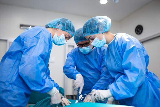 Professional surgical team collaborating during a successful operation in a modern operating room. Skilled female surgeons wearing blue scrubs and masks perform surgery in a sterile environment