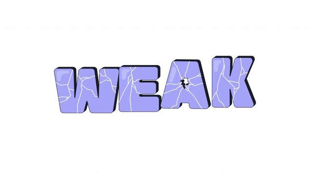 Weak internet reaction 2D animation. Cracked lettering with damage. Poor skill issue. Fragile defense. Lack of strength. Breakable vulnerability. Gen z word animated overlay. Cartoon motion graphic