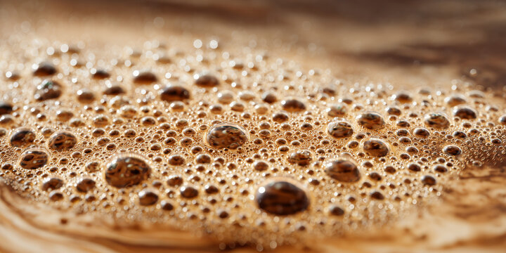 Close-up macro shot of rich brown coffee foam with many small bubbles.