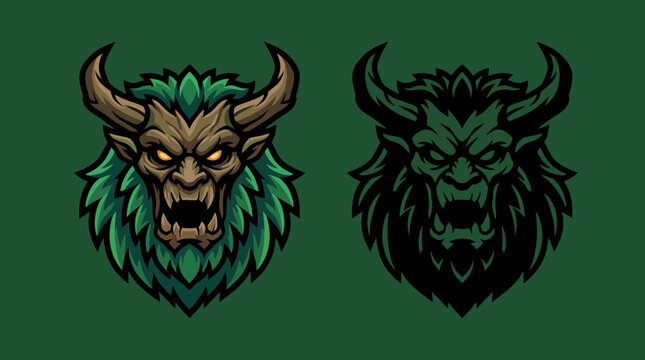 An intense illustration of a fierce beast emblem with horns, designed in a dramatic style showcasing strength and power, perfect for themes of courage and ferocity.