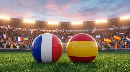 Obraz premium Two soccer balls with national flags of france and spain placed on green grass stadium turf with blurred crowd and stadium lights during sunset.