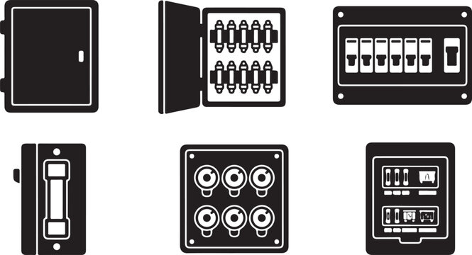 Set of six black electrical fuse and circuit breaker boxes with components Vector