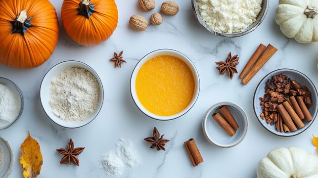 Autumn harvest flat lay: pumpkins, spices, flour, and pumpkin puree arranged beautifully for a cozy fall baking scene
