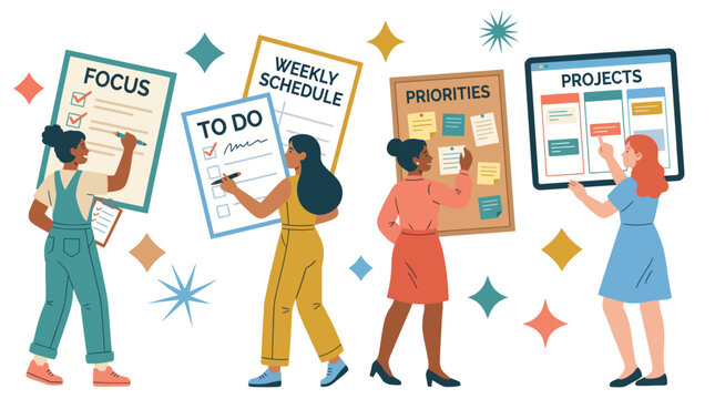 In this colorful artwork, diverse women are depicted collaboratively planning with charts and lists, emphasizing the power of teamwork and effective organization.