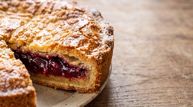 Freshly baked cherry pie with golden crust and red fruit filling on a rustic wooden table
