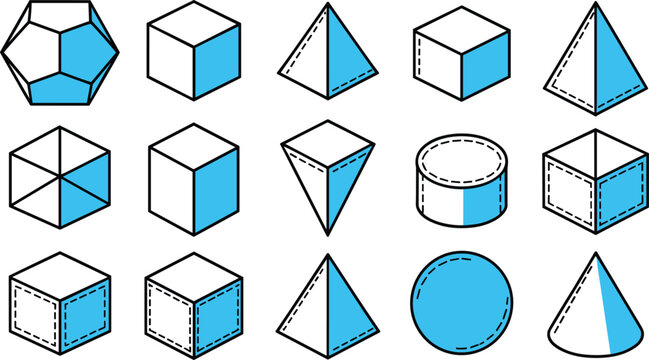 Geometric three dimensional mathematical shapes icon set featuring blue shaded isometric blocks pyramids cubes cylinders and spheres