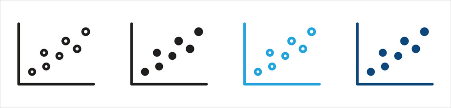 Scatter plot icon set, representing data analysis, statistical correlation, scientific research, business analytics, and data visualization, vector illustration