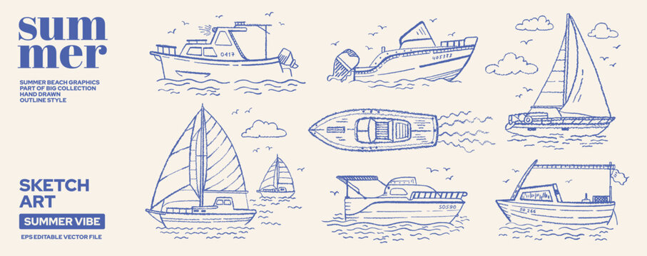 Boat, ship and yacht vector. Mediterranean sea travel illustration. Sketch of ocean boat ship, yacht, sailboat. Drawing icon for Italian Amalfi summer sea design. Italy and Mediterranean sea water art